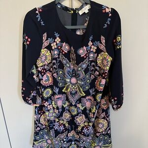 LOFT Black 3/4 Sleeve Graphic Blouse with Embellished Design